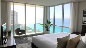 Modern hotel room with oceanview balcony overlooking Waikiki Beach, contemporary furnishings, natural morning light streaming through large windows, tropical plants on balcony