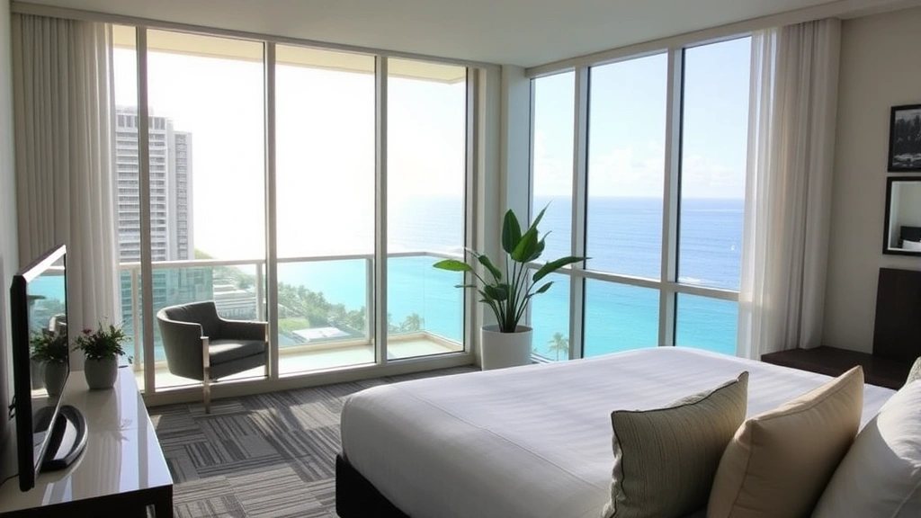 Modern hotel room with oceanview balcony overlooking Waikiki Beach, contemporary furnishings, natural morning light streaming through large windows, tropical plants on balcony
