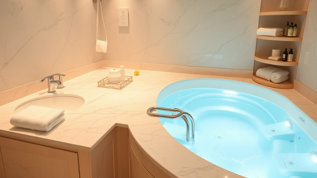 Luxurious spa bathroom with oversized whirlpool tub, soft lighting, marble countertops, folded white towels, spa products arranged on shelf, serene relaxation environment
