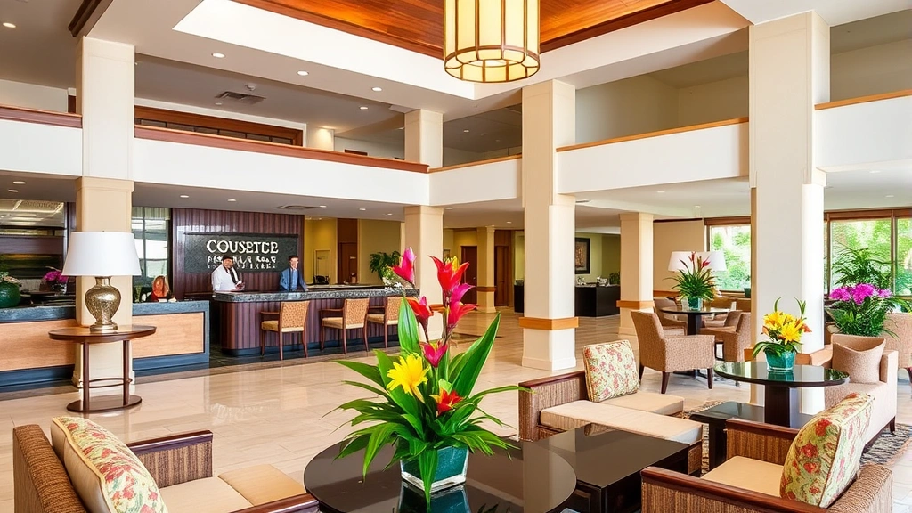 Hotel lobby with Hawaiian-inspired design, natural wood elements, tropical flowers in arrangements, comfortable seating areas, professional concierge desk, bright airy atmosphere with island ambiance
