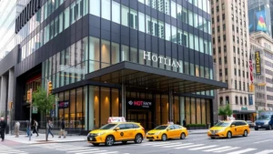 Modern Manhattan hotel exterior with glass facade and street-level entrance, Midtown West neighborhood, daytime with urban pedestrians and yellow taxi cabs passing by