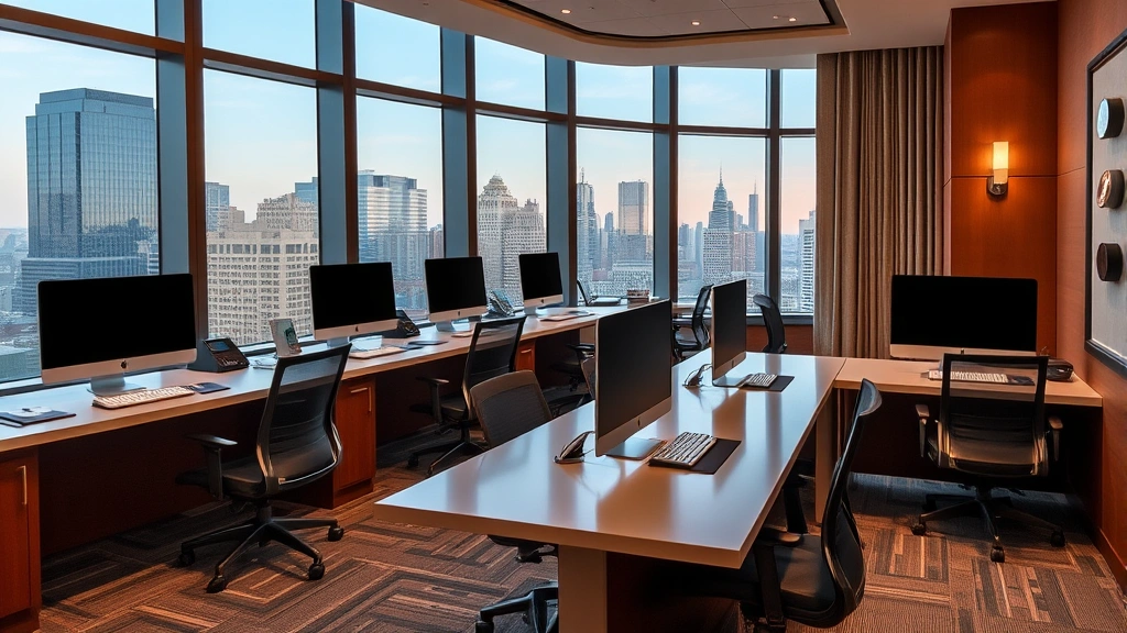 Spacious hotel business center with desk workstations, ergonomic chairs, computer monitors, and large windows overlooking city skyline, professional workspace setting