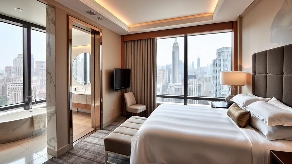 Upscale hotel suite bedroom with king bed, marble bathroom visible through open door, floor-to-ceiling windows showing Manhattan cityscape, contemporary furnishings and neutral tones