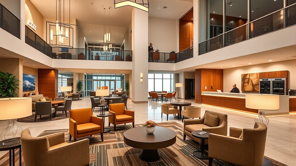 Modern hotel lobby with contemporary furniture, warm lighting, comfortable seating areas, and professional check-in desk in Orange County style architecture