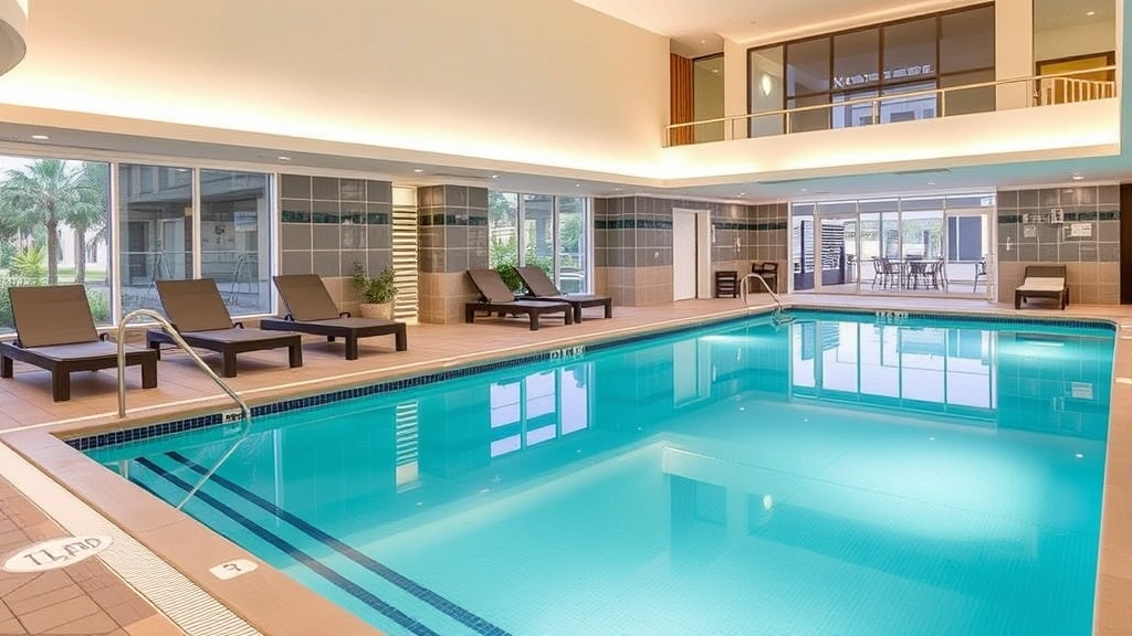 Hotel swimming pool area with indoor heated pool, lounge chairs, spa facilities, and modern amenities in a contemporary hospitality setting