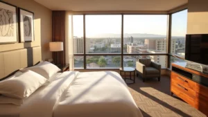 Modern hotel suite with comfortable king bed, contemporary furnishings, large windows overlooking Santa Clara area residential neighborhoods and office buildings in soft natural lighting