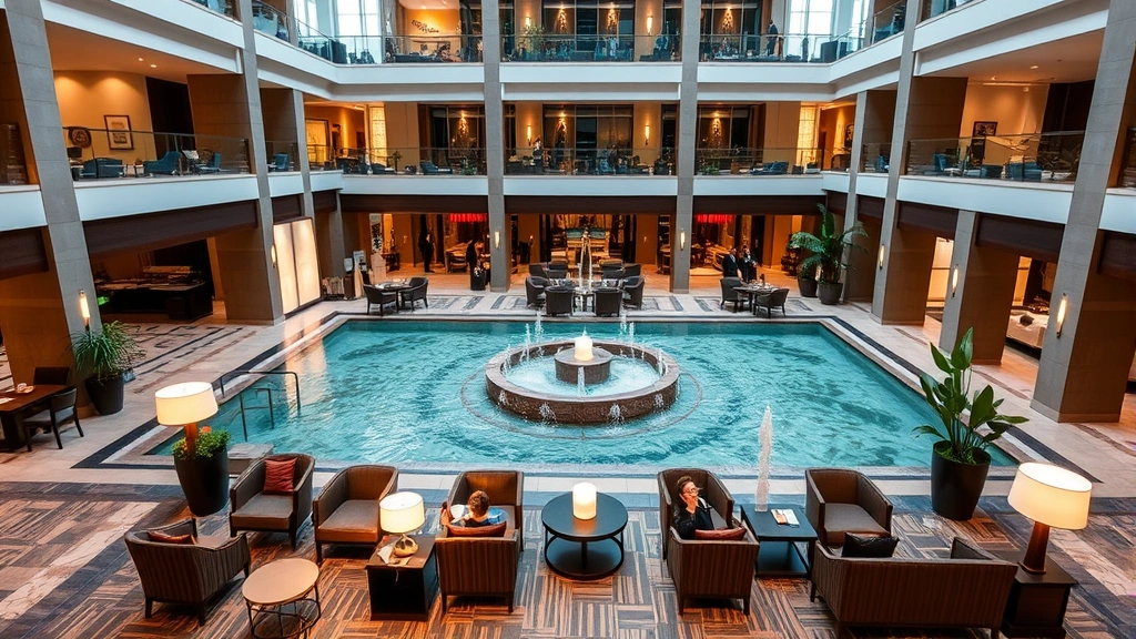Hotel lobby atrium with elegant seating areas, indoor water features, modern architectural elements, guests relaxing in comfortable chairs with professional hospitality setting