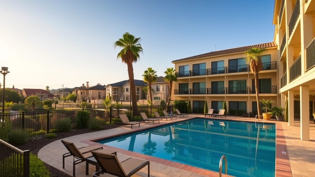 Outdoor hotel courtyard with swimming pool, lounge chairs, landscaped gardens, residential buildings visible in background, sunny California afternoon lighting