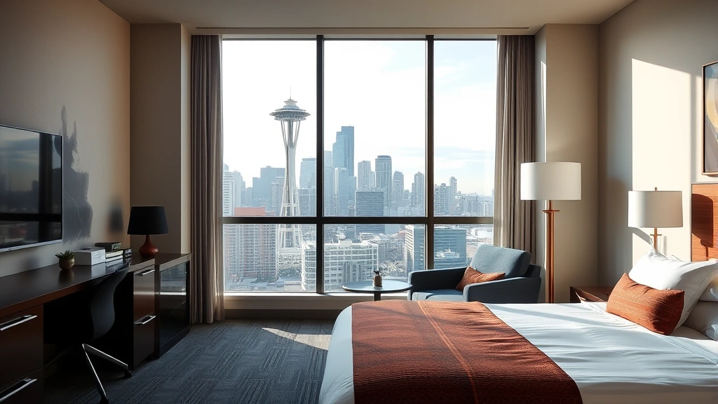 Modern hotel room with city skyline view through large window, contemporary furnishings, natural lighting, Seattle downtown buildings visible in background