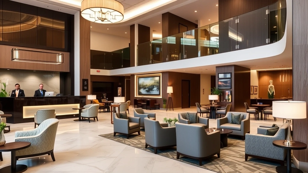 Upscale hotel lobby with contemporary design, comfortable seating areas, professional staff at reception desk, modern architectural elements and lighting