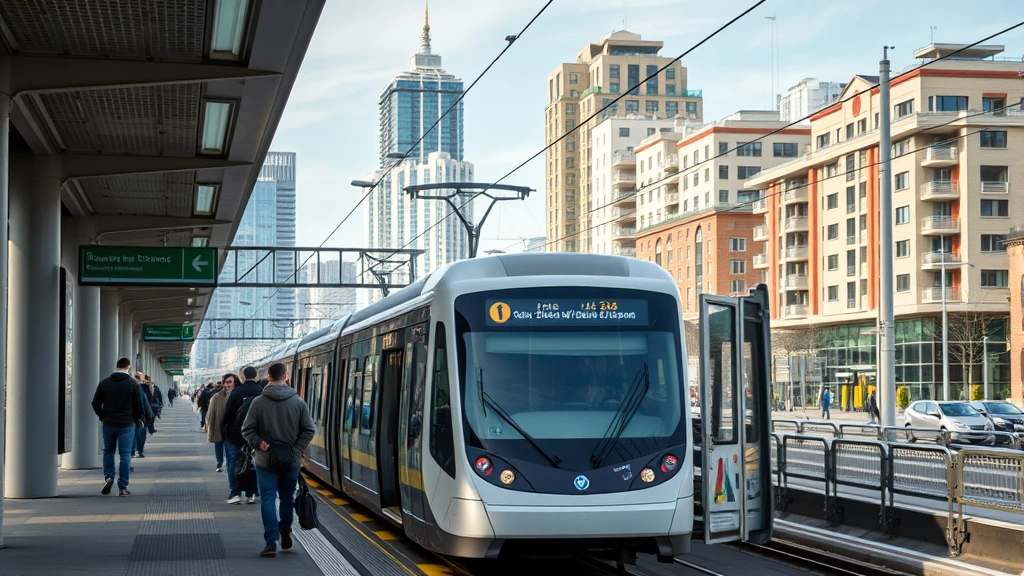 Light rail train station with passengers boarding, urban transit hub, modern infrastructure, city buildings in background, daytime scene