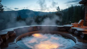 Luxurious outdoor hot tub surrounded by natural stone, steam rising from water, ambient lighting, mountain or forest backdrop, evening ambiance, resort setting