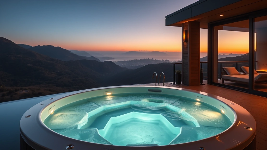 Infinity-edge hot tub overlooking scenic valley or coastal view, sunset or sunrise lighting, architectural design, premium resort aesthetic, relaxation environment