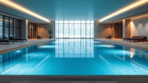 Modern indoor swimming pool with sleek contemporary architecture, soft ambient lighting, comfortable loungers, crystal-clear water, and minimalist design aesthetic in a climate-controlled facility
