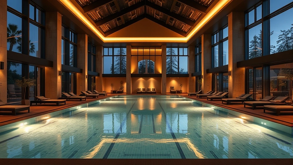 Luxury indoor pool resort area featuring elegant lounge seating, warm atmospheric lighting, spa-like environment with water features and sophisticated wellness atmosphere