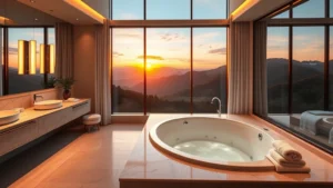 Luxurious modern hotel bathroom with oversized white jacuzzi tub, warm ambient lighting, marble counters, fluffy white towels, and floor-to-ceiling windows overlooking a mountain landscape at sunset, photorealistic