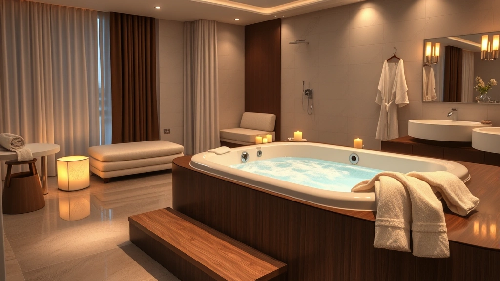 Spa-like hotel jacuzzi suite interior showing in-room jacuzzi with water jets, contemporary design, soft candlelit ambiance, plush robes draped nearby, and premium bathroom fixtures, photorealistic