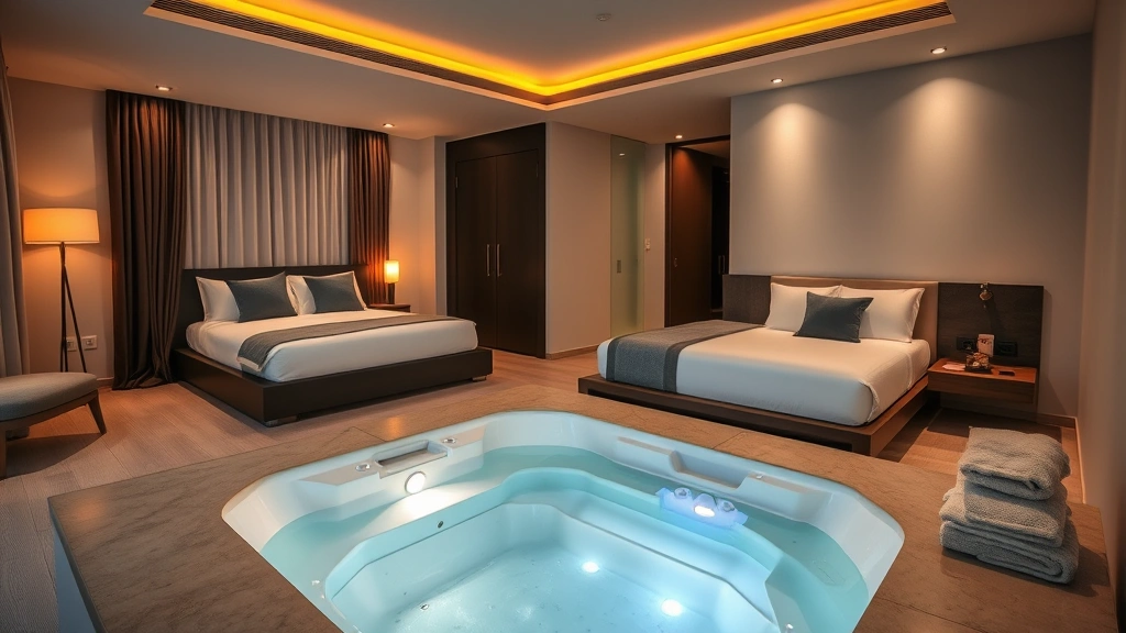 Luxurious modern hotel bedroom featuring a large in-room jacuzzi tub with ambient lighting, plush towels nearby, and a king bed in background, contemporary minimalist design, soft warm lighting, high-end resort aesthetic, no text or signage visible