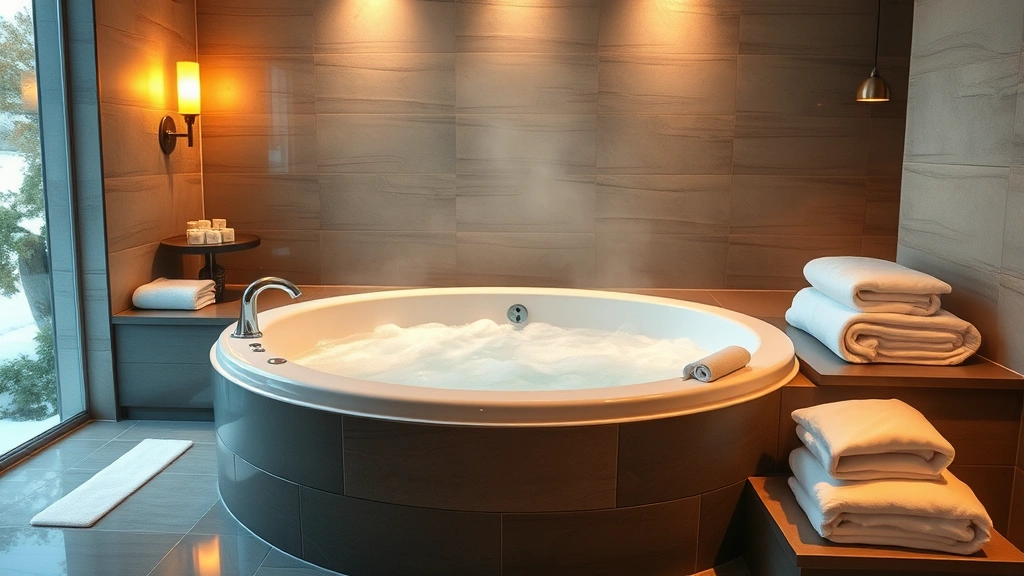 Luxurious modern bathroom featuring a large whirlpool jacuzzi tub with bubbling jets, soft warm lighting from sconces, fluffy white towels folded nearby, steam rising from water, contemporary tile surroundings, relaxing spa atmosphere