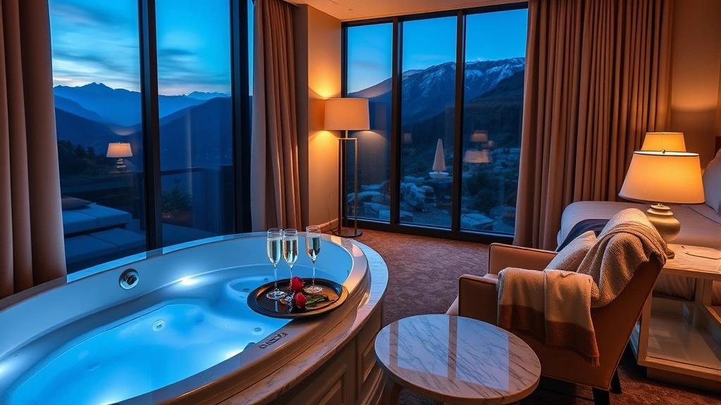 Elegant hotel suite bedroom with a spacious in-room jacuzzi positioned near large windows overlooking mountains, champagne glasses on marble table beside tub, romantic ambient lighting, plush robes draped over chair