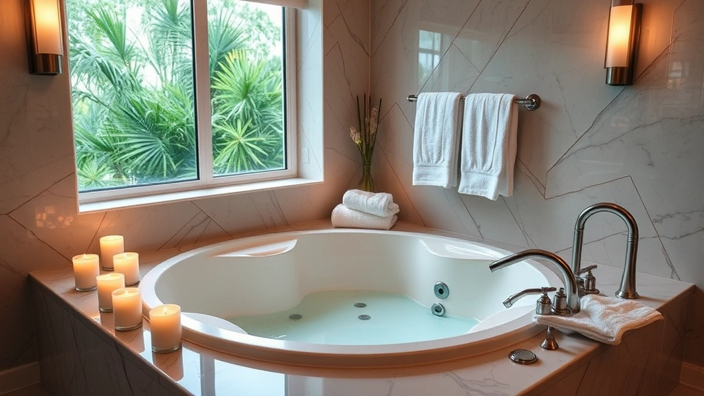 Upscale resort bathroom with oversized jacuzzi tub surrounded by candles, natural light from window, premium bath products and towels displayed, modern fixtures, serene spa-like setting perfect for couples' retreat
