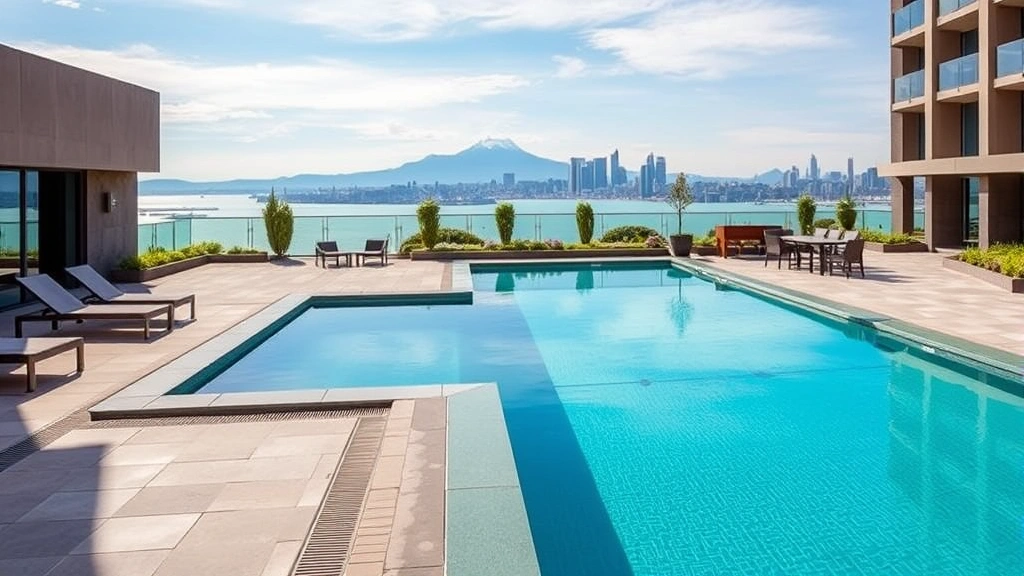 Modern hotel pool deck featuring heated outdoor pool, contemporary lounge furniture, stone decking, landscaped gardens, mountain or city skyline in distance, clear blue water reflecting sky, peaceful atmosphere