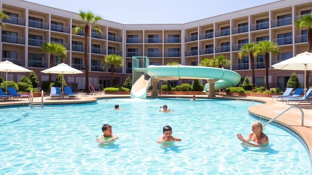 Family-friendly hotel pool area with shallow leisure section, waterslide visible, surrounding deck with shade umbrellas, well-maintained landscaping, bright natural lighting, inviting recreational environment, no identifying signage