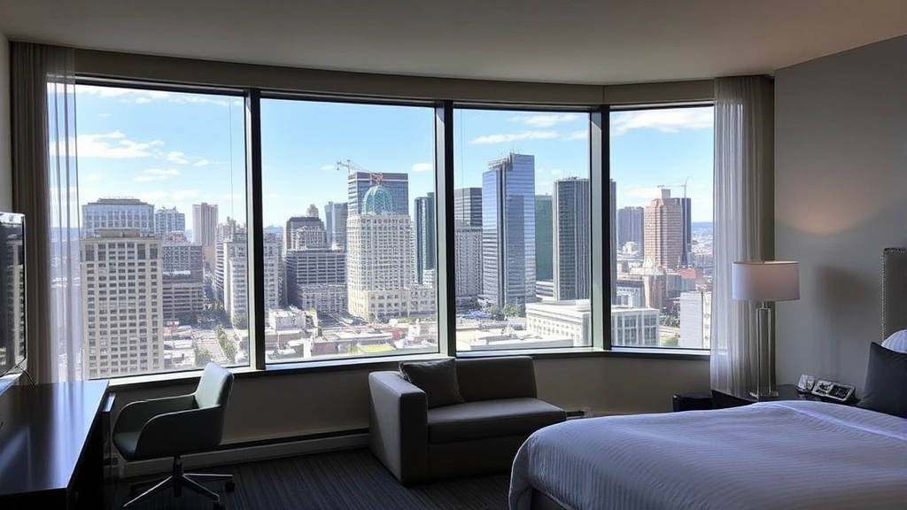 Modern hotel room with downtown Portland skyline views through large windows, contemporary furnishings, neutral color palette, natural daylight, no text or addresses visible