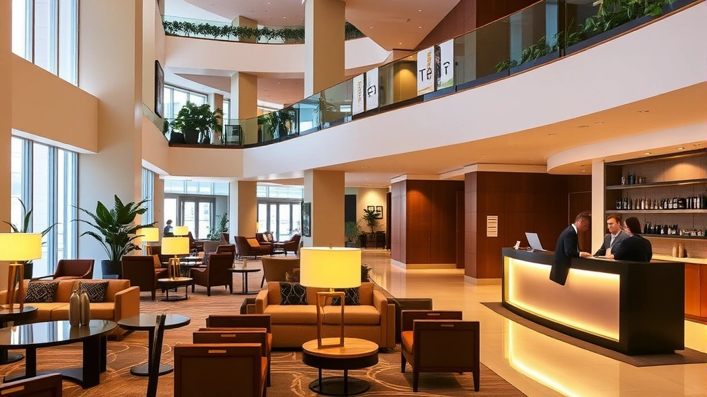 Hotel lobby with contemporary design, comfortable seating areas, warm lighting, guests checking in at reception desk, plant decor, modern architecture, no visible signage with text