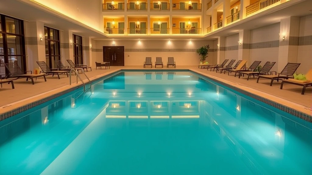 Hotel pool area with indoor swimming facilities, lounge chairs, warm ambient lighting, clean water, wellness-focused space, no identifying marks or text visible