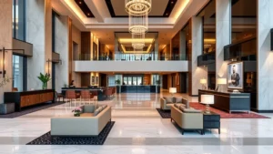 Modern upscale hotel lobby with contemporary furnishings, marble flooring, comfortable seating areas, and warm ambient lighting, featuring a check-in desk and elegant decor reflecting luxury hospitality in an urban setting