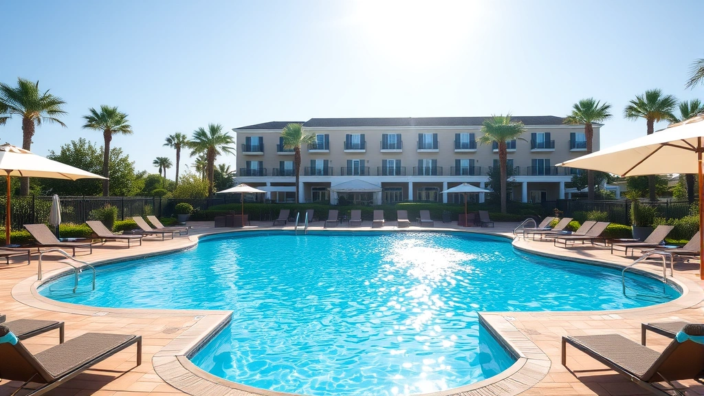 Sparkling outdoor resort-style swimming pool surrounded by lounge chairs and shade umbrellas, with clear blue water, landscaped gardens, and hotel building visible in background during daytime