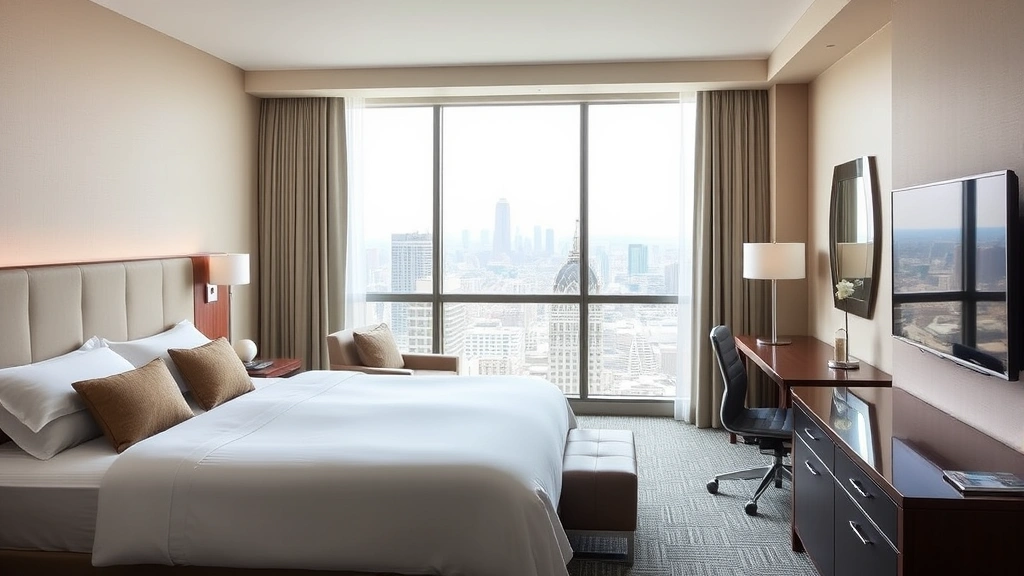 Comfortable hotel room interior with queen bed, modern furnishings, flat-screen television, work desk, and floor-to-ceiling windows overlooking city skyline, featuring neutral color palette and contemporary design