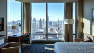 Modern hotel room with city skyline view through floor-to-ceiling windows, contemporary furniture, work desk with lamp, San Francisco downtown buildings visible, natural daylight, professional yet comfortable aesthetic