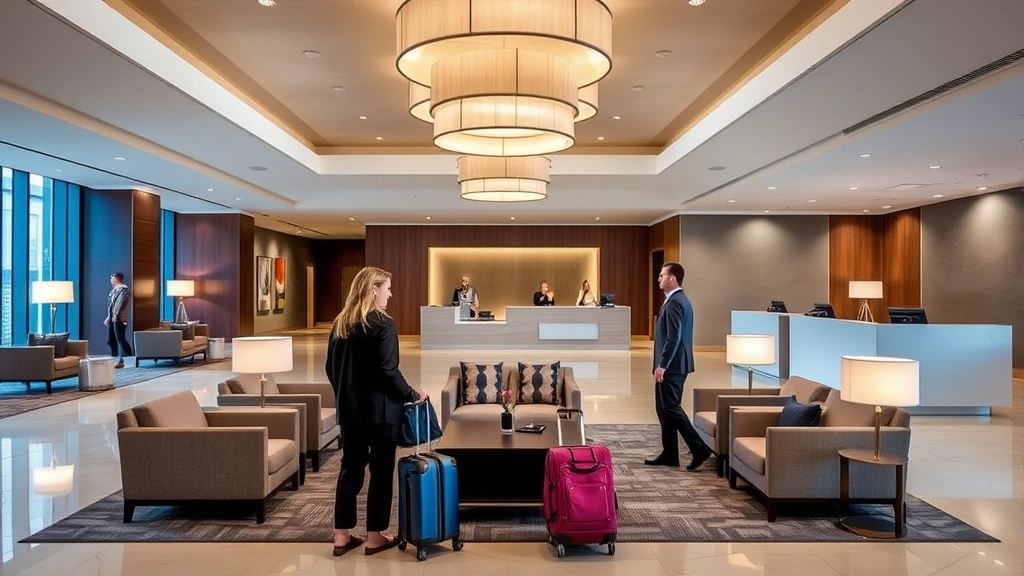 Hotel lobby with contemporary design, comfortable seating areas, modern lighting fixtures, reception desk in background, business travelers with luggage, clean lines and neutral color palette, upscale but functional atmosphere