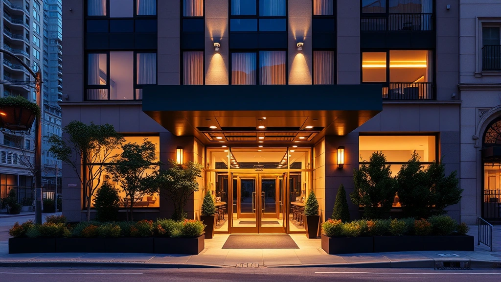 Hotel exterior facade at dusk with illuminated entrance, professional landscaping, glass doors, street-level view of urban hotel property, San Francisco downtown architecture style, welcoming modern design