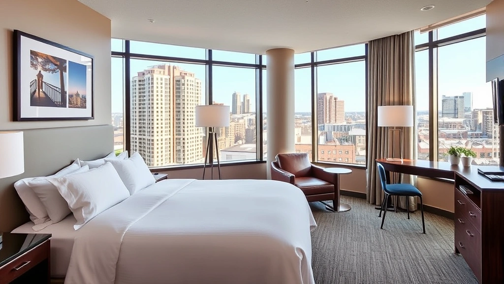 Modern downtown Columbus hotel room with contemporary furnishings, comfortable bed with premium bedding, city view through large windows, neutral color palette, professional hospitality setting
