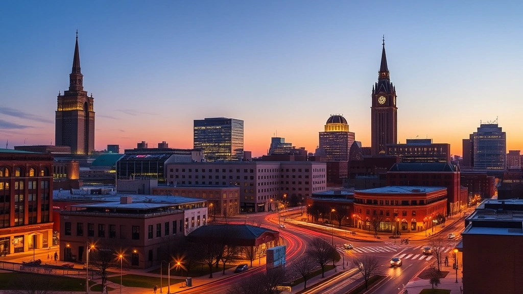 Downtown Columbus cityscape at dusk showing illuminated buildings and streets, urban architecture, pedestrian-friendly downtown district with streetlights, vibrant evening atmosphere