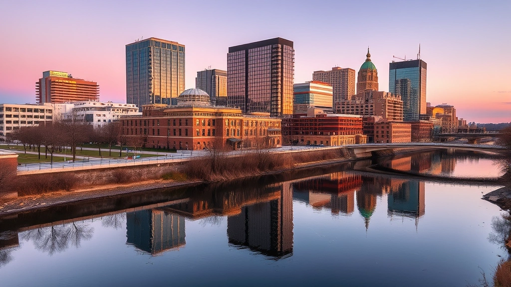 Modern downtown Columbus cityscape at dusk with Scioto River and residential buildings reflected in water, warm evening lighting