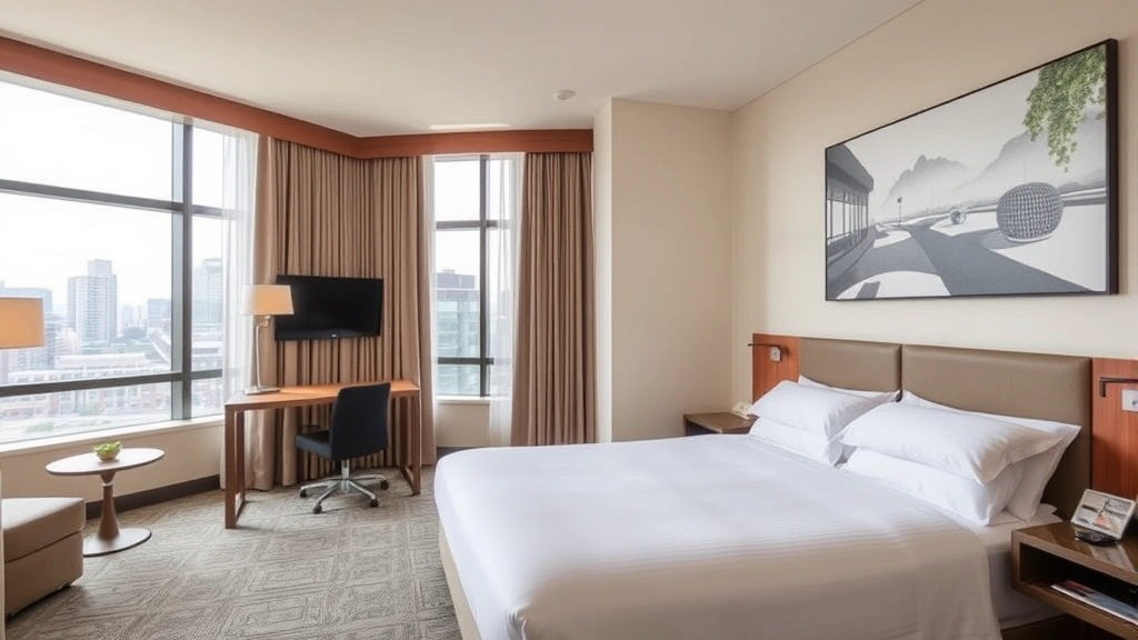 Comfortable hotel room interior with contemporary furnishings, large windows showing city views, neatly made bed with white linens, and modern amenities
