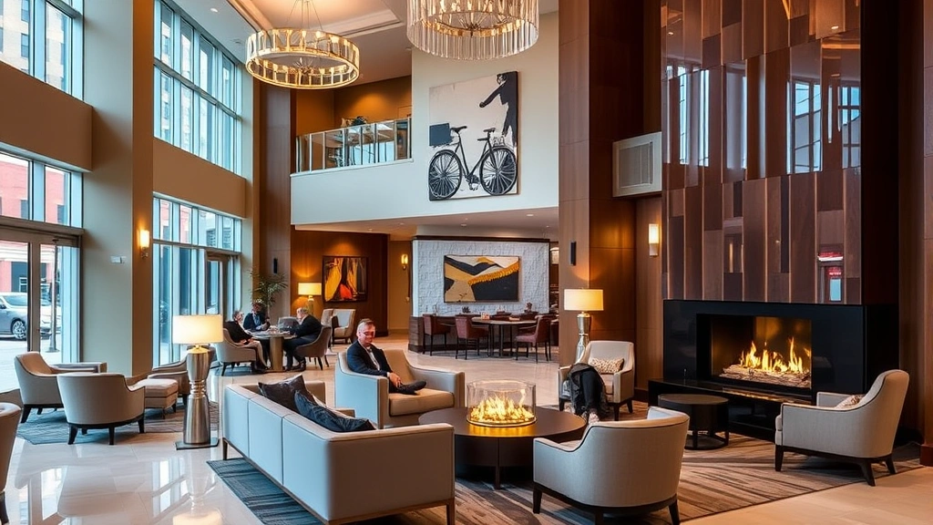 Hotel lobby with elegant seating areas, contemporary art, warm lighting, and guests relaxing near a gas fireplace in a modern downtown setting