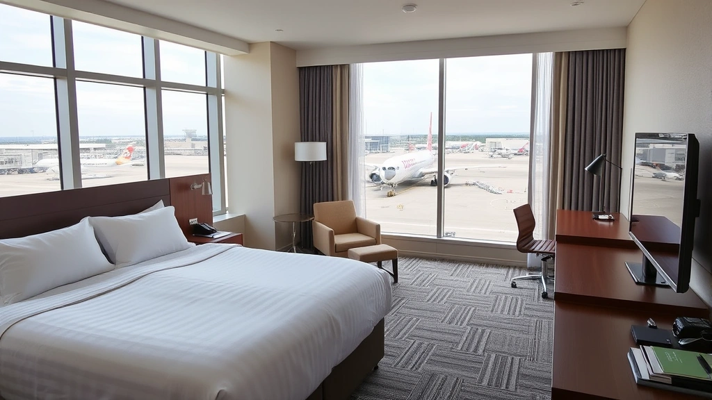 Modern hotel room with comfortable bed, work desk, and floor-to-ceiling windows overlooking airport grounds, contemporary furnishings and neutral color palette, professional hospitality setting