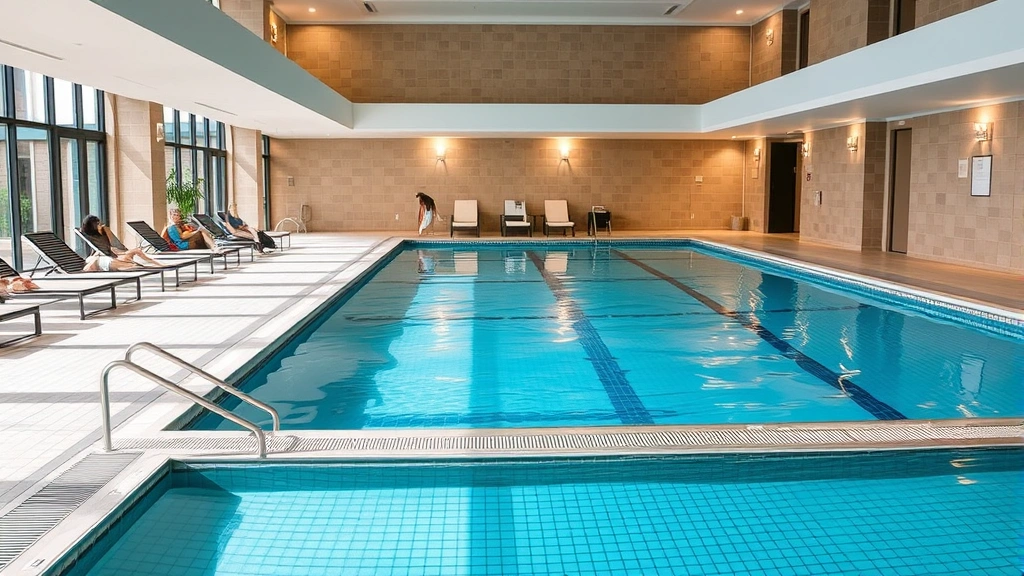 Heated indoor swimming pool with lounge chairs, modern tile work, bright lighting, hotel guests relaxing poolside, clean water and contemporary pool facility design