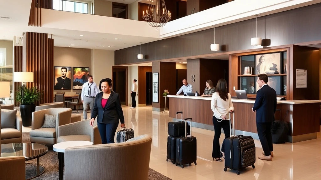 Hotel lobby with check-in desk, comfortable seating areas, modern decor reflecting New Orleans style, guests with luggage, professional front desk staff assisting travelers, welcoming hospitality environment