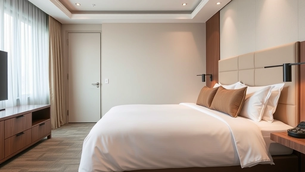 Modern hotel room interior with comfortable bed, neutral tones, and clean contemporary design, showing quality bedding and minimalist decor typical of mid-range properties