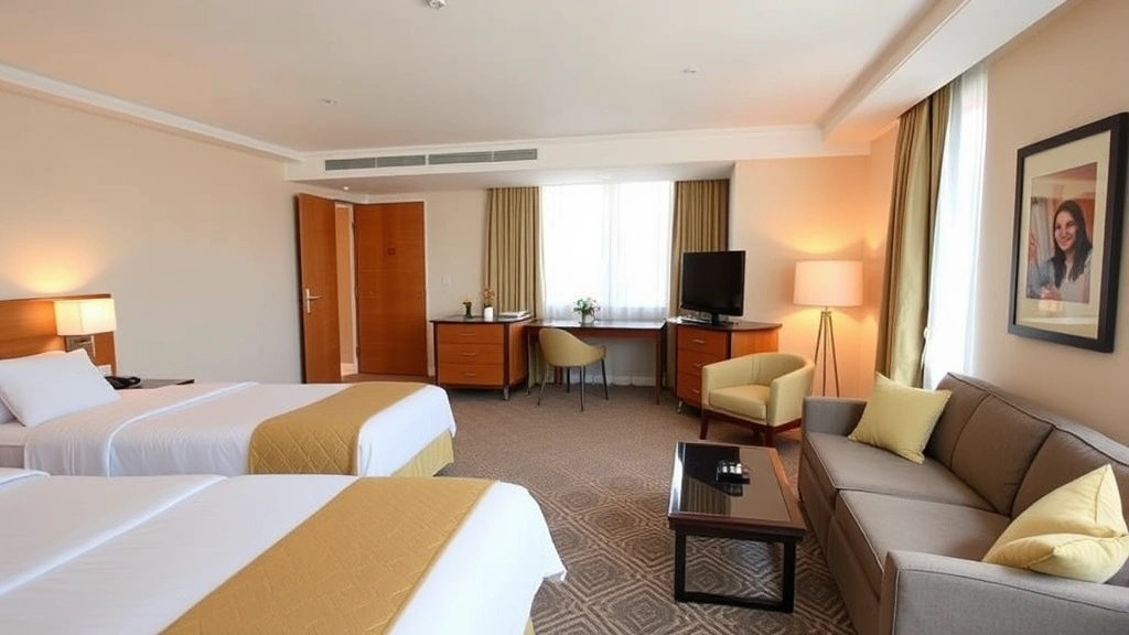 Bright family hotel suite with two separate sleeping areas, spacious living room with comfortable seating, and welcoming warm lighting for family accommodations