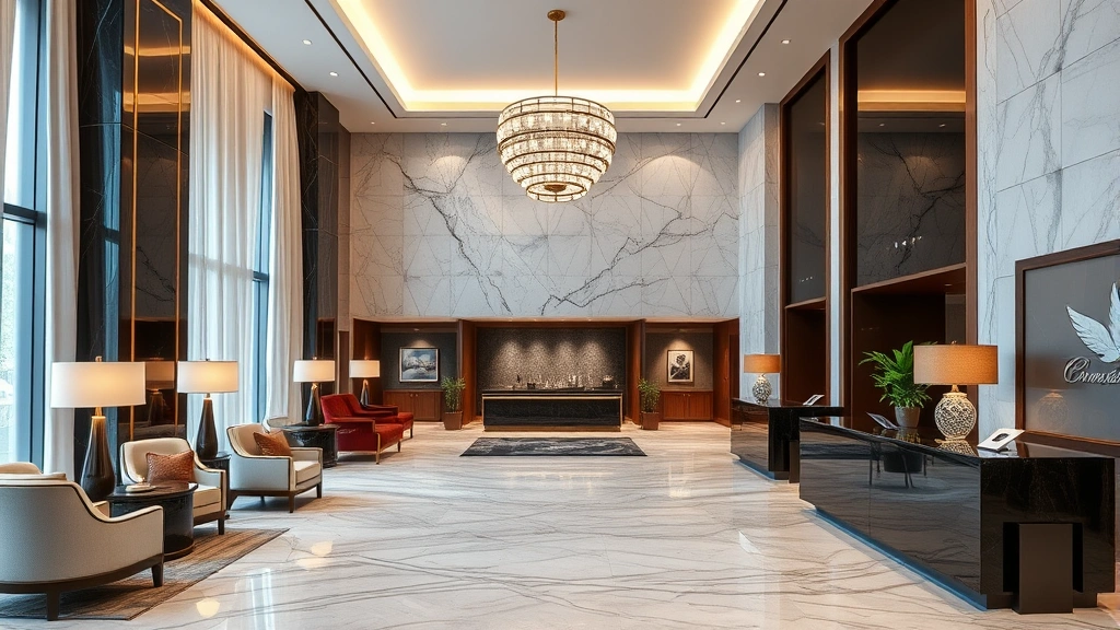 Upscale hotel lobby with elegant furnishings, marble accents, professional concierge desk, and luxury contemporary design representing premium hospitality