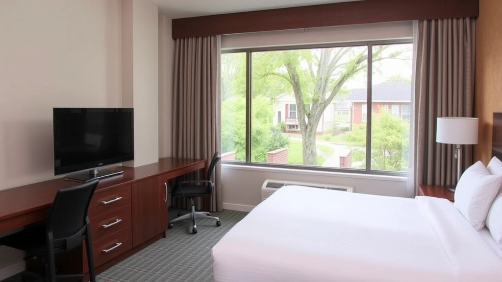 Spacious hotel guest room with queen bed, work desk with chair, flat-screen TV, and large windows overlooking residential neighborhood with trees, clean and inviting accommodation space