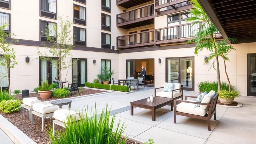 Hotel outdoor courtyard or patio area with comfortable seating, landscaping, and peaceful atmosphere where guests relax during daytime, residential-friendly hospitality setting