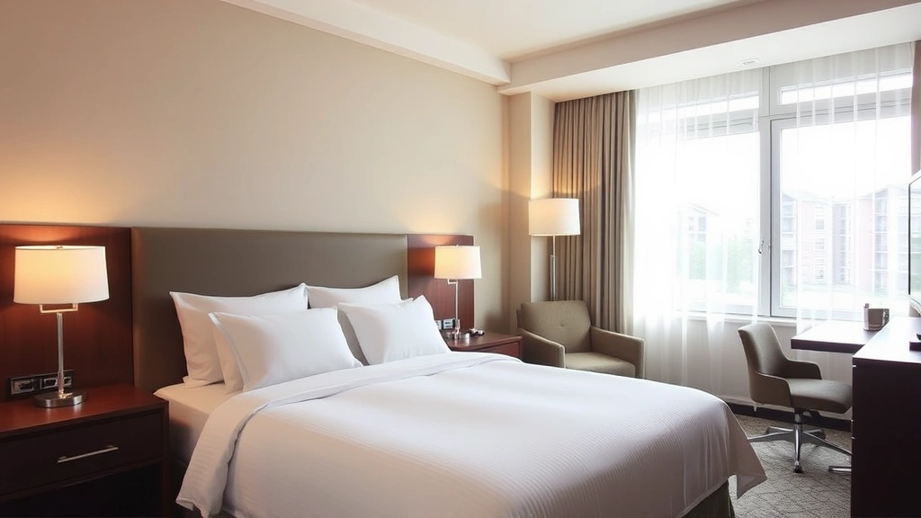 Comfortable hotel room with contemporary design, neutral tones, queen bed with quality linens, modern lamp, clean desk workspace, bright morning light from window overlooking residential area